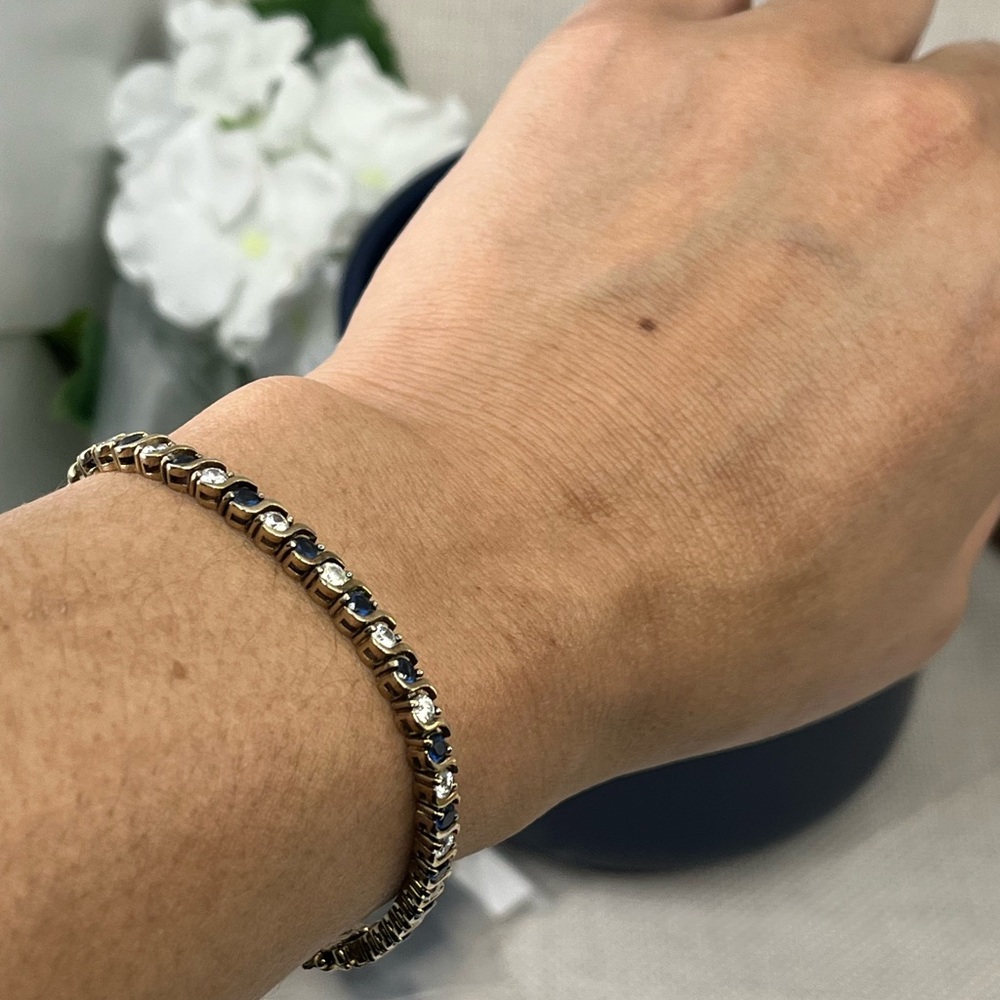 Vintage Estate Gold Over Sterling Silver Tennis Bracelet Sapphire Clear CZ 7.25" - Picture 7 of 16